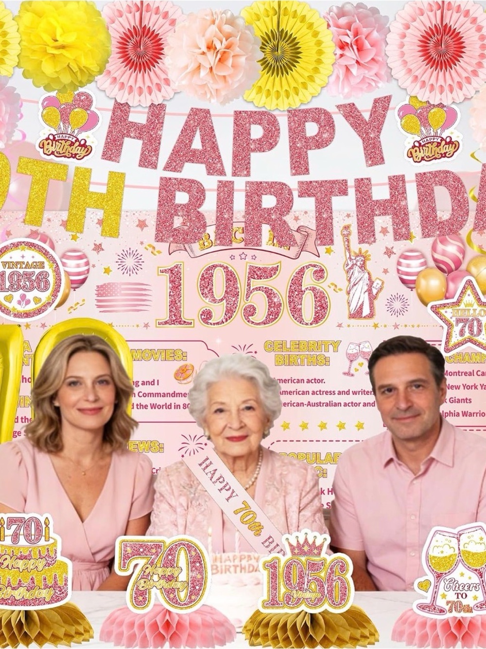 💜24 Pcs 70th Birthday Decorations for Women, Back in 1956 Party Supplies, Pink - Picture 6 of 6